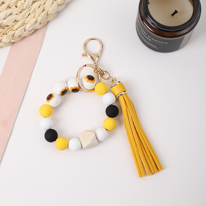 Wholesale Tassel Silicone Wooden Bead Bracelet Keychain
